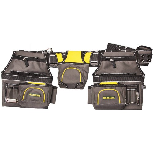 KRAFTOOL 2 петли для крепления молотка и рулетки, пояс монтажника с 20 карманами и 2 подвесными подсумками (38742)