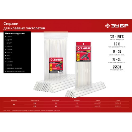 ЗУБР 11 х 300 мм, 34 шт, прозрачные универсальные клеевые стержни (06854-34)