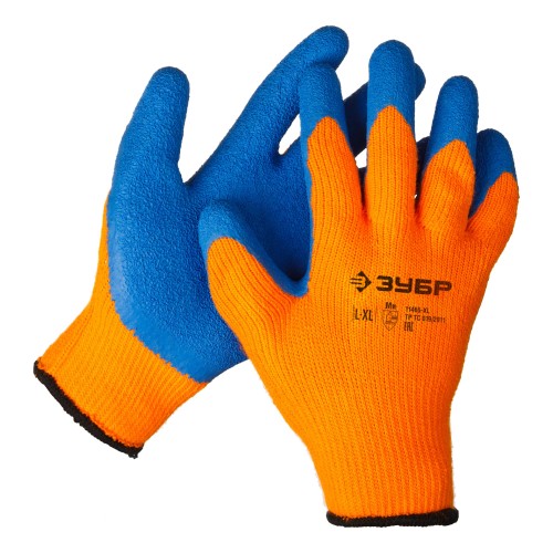 ЗУБР УРАЛ, L-XL, акриловые перчатки сигнального цвета, рельефное латексное покрытие, утеплённые, 10 класс, Профессионал (11465-XL)