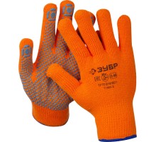 ЗУБР АНГАРА, S-M, акриловые перчатки сигнального цвета с начёсом, точечное ПВХ покрытием, утеплённые, 10 класс, Профессионал (11464-S)