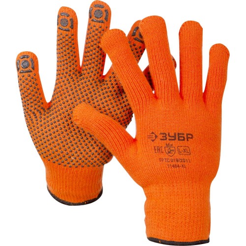 ЗУБР АНГАРА, L-XL, акриловые перчатки сигнального цвета с начёсом, точечное ПВХ покрытием, утеплённые, 10 класс, Профессионал (11464-XL)
