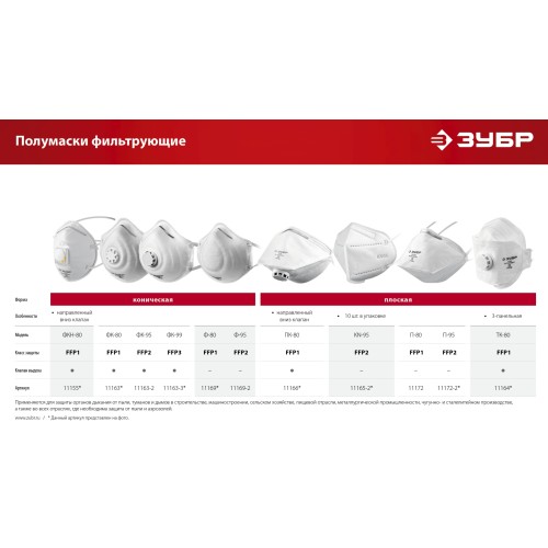ЗУБР Ф-95, класс защиты FFP2, коническая, фильтрующая полумаска (11169-2)