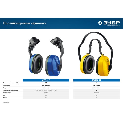 ЗУБР ВЕКТОР-27, защита до 107 дБ, противошумные наушники с двойным оголовьем (11372)
