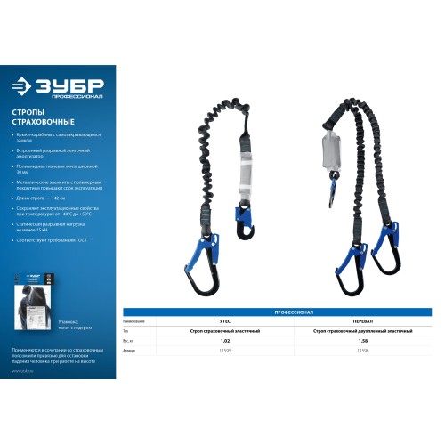 ЗУБР ПЕРЕВАЛ стальные карабины с полимерным покрытием, эластичный, L- 1.42м, разрывной ленточный амортизатор, двухплечный строп, Профессиона
