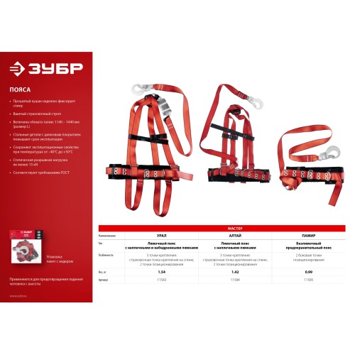 ЗУБР ПАМИР страховочный строп, фурнитура из оцинкованной стали, 2 точки крепления, размер L (1140-1440), безлямочный пояс (11585)