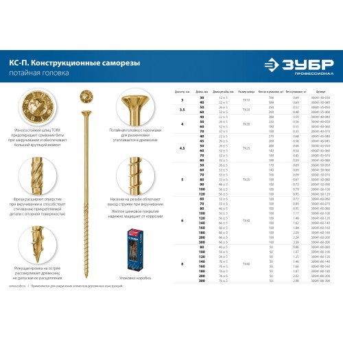 ЗУБР КС-П, 200 х 6.0 мм, TX30, потайная головка, желтый цинк, 100 шт, конструкционный саморез, Профессионал (30041-60-200)