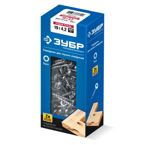 ЗУБР 19 х 4.2 мм, редкая резьба, ТХ20, цинк, 600 шт, саморез для глухих отверстий, Профессионал (30081-42-019)