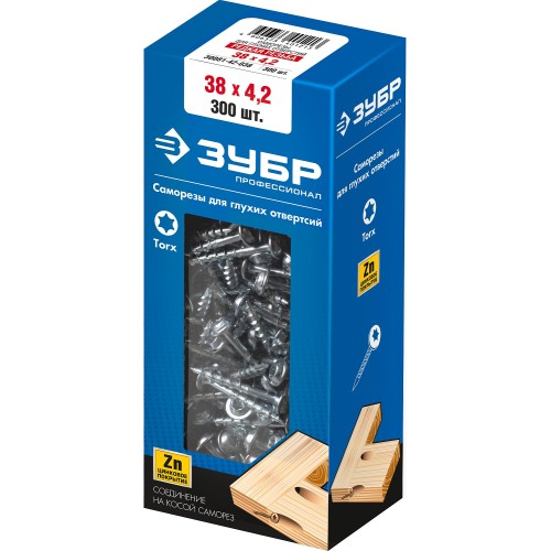 ЗУБР 38 х 4.2 мм, редкая резьба, ТХ20, цинк, 300 шт, саморез для глухих отверстий, Профессионал (30081-42-038)