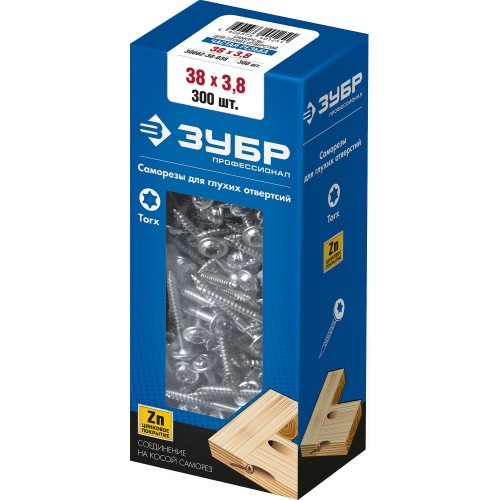 ЗУБР 38 х 3.8 мм, частая резьба, ТХ20, цинк, 300 шт, саморез для глухих отверстий, Профессионал (30082-38-038)