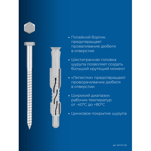 ЗУБР ФД-П 10 x 100 мм, фасадный дюбель, нейлон/цинк, 50 шт (301475-100)