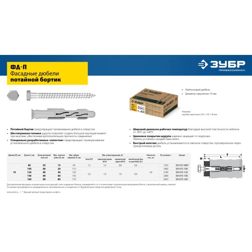 ЗУБР ФД-П 10 x 120 мм, фасадный дюбель, нейлон/цинк, 50 шт (301475-120)