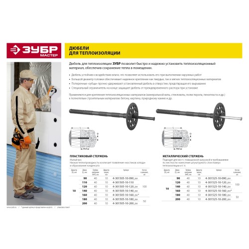 ЗУБР 10 х 110 мм, пластиковый стержень, 100 шт, дюбель для изоляционных материалов (4-301505-10-110)