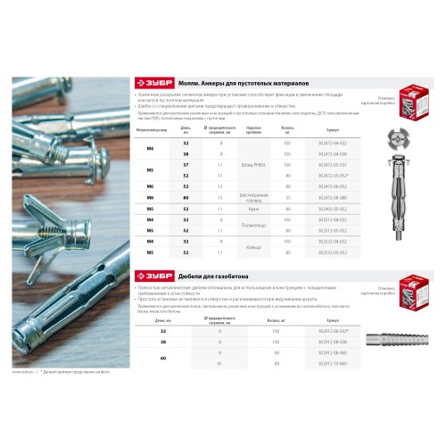 ЗУБР МОЛЛИ, М5 х 37 х 11 мм, 100 шт, анкер для пустотелых конструкций (302472-05-037)
