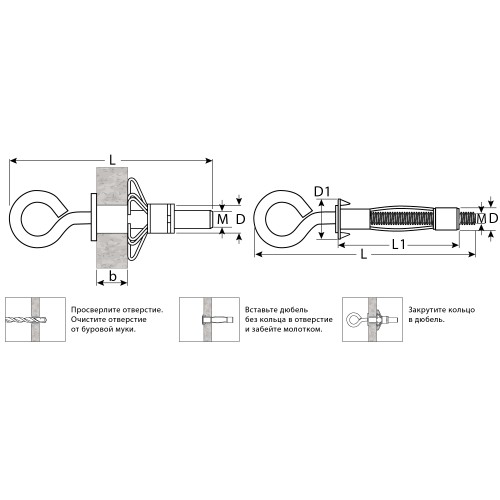ЗУБР МОЛЛИ, М4 х 32 х 8 мм, 100 шт, анкер с кольцом для пустотелых конструкций (302532-04-032)