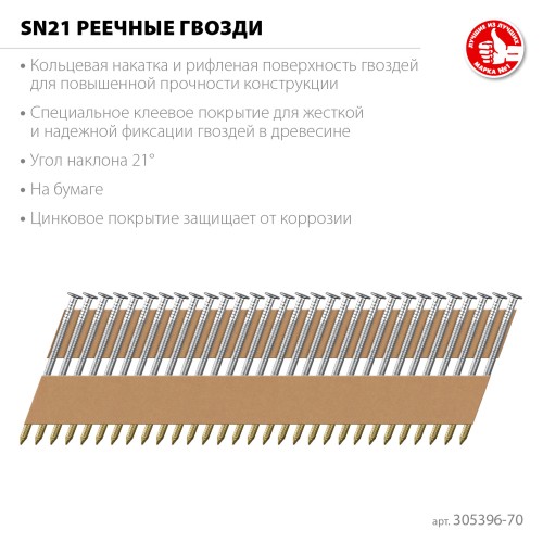 ЗУБР SN21 70 х 3.1 мм, реечные гвозди рифленые оцинкованные, 2400 шт (305396-70)
