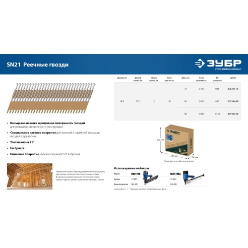 ЗУБР SN21 70 х 3.1 мм, реечные гвозди рифленые оцинкованные, 2400 шт (305396-70)