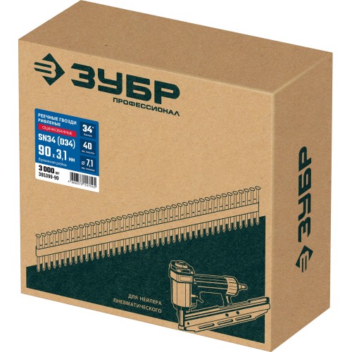 ЗУБР SN34 (D34) 90 х 3.1 мм, реечные гвозди рифленые оцинкованные, 3000 шт (305399-90)