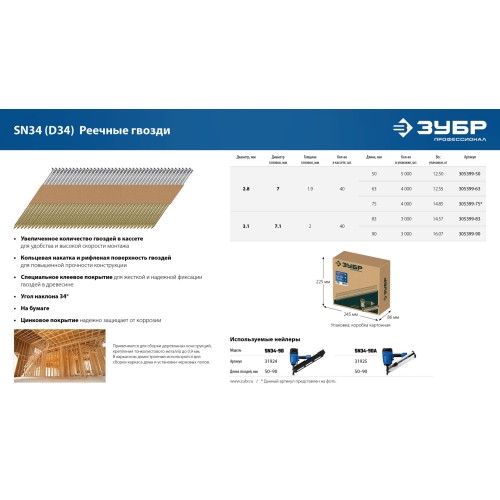 ЗУБР SN34 (D34) 90 х 3.1 мм, реечные гвозди рифленые оцинкованные, 3000 шт (305399-90)