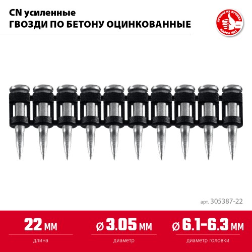 ЗУБР CN усиленные 22 х 3.05 мм, гвозди по бетону оцинкованные, 1000 шт (305387-22)