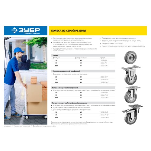 ЗУБР d 100 мм, г/п 65 кг, резина/полипропилен, поворотное колесо c тормозом (30956-100-B)