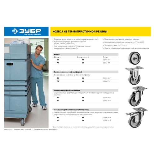 ЗУБР d 50 мм, г/п 40 кг, резина/полипропилен, термопластичное неповоротное колесо, Профессионал (30946-50-F)