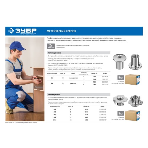 ЗУБР DIN 1624, M10 x 12 мм, цинк, 5 кг, врезная гайка (303780-10)