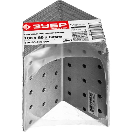ЗУБР УКР-2.0, 100 x 60 x 60 x 2 мм, цинк, равносторонний крепежный уголок (310206-100-060)