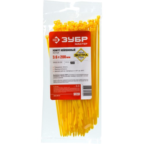 ЗУБР КС-Ж1, 3.6 x 200 мм, нейлон РА66, 100 шт, желтые, кабельные стяжки, Профессионал (309050-36-200)