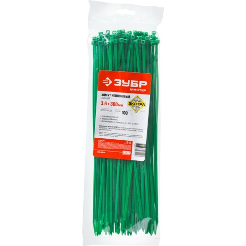 ЗУБР КС-З1, 3.6 x 300 мм, нейлон РА66, 100 шт, зеленые, кабельные стяжки, Профессионал (309060-36-300)