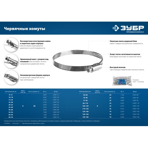 ЗУБР Х-9Н, 100 - 120 мм, накатная лента 9 мм, цинк, 25 шт, червячный хомут (37807-120)