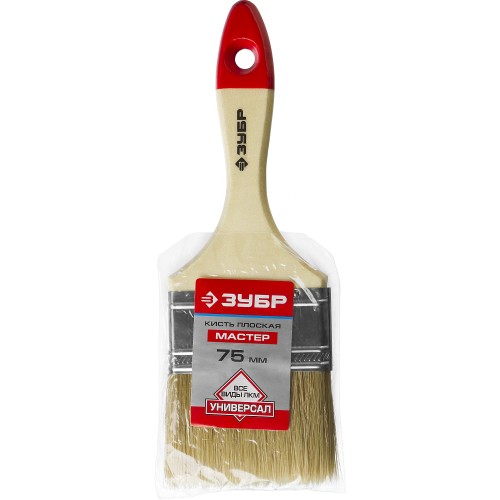 ЗУБР УНИВЕРСАЛ, 75 мм, 3″, светлая натуральная щетина, деревянная ручка, все виды ЛКМ, плоская кисть (4-01003-075)