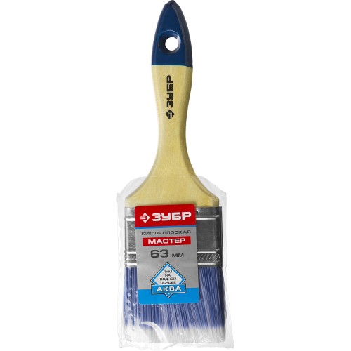 ЗУБР АКВА, 63 мм, 2.5″, светлая искусственная щетина, деревянная ручка, для воднодисперсионных и акриловых ЛКМ, плоская кисть (4-01007-063)