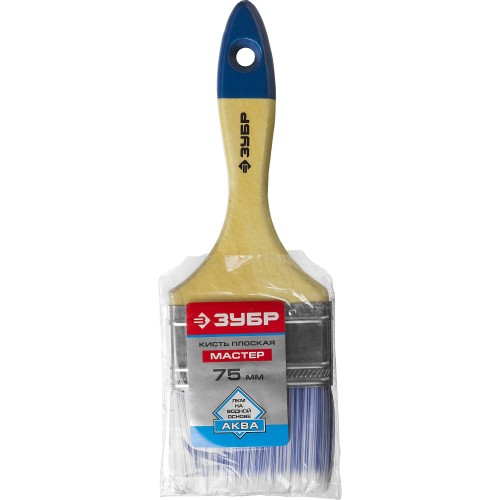ЗУБР АКВА, 75 мм, 3″, светлая искусственная щетина, деревянная ручка, для воднодисперсионных и акриловых ЛКМ, плоская кисть (4-01007-075)