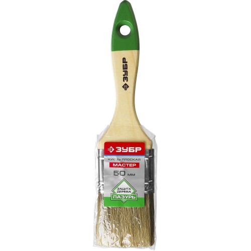ЗУБР ЛАЗУРЬ, 50 мм, 2″, светлая смешанная щетина, деревянная ручка, для высокотекучих ЛКМ, плоская кисть (4-01009-050)