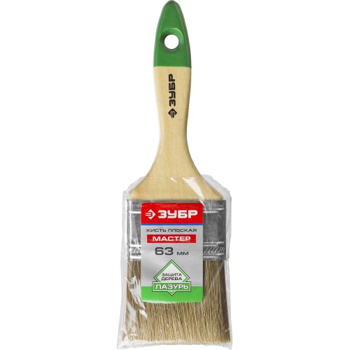 ЗУБР ЛАЗУРЬ, 63 мм, 2.5″, светлая смешанная щетина, деревянная ручка, плоская кисть (4-01009-063)