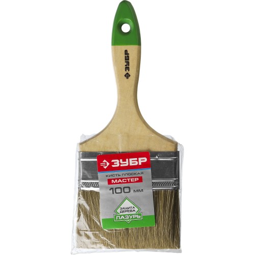 ЗУБР ЛАЗУРЬ, 100 мм, 4″, светлая смешанная щетина, деревянная ручка, плоская кисть (4-01009-100)