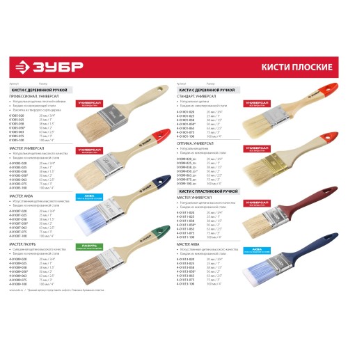 ЗУБР УНИВЕРСАЛ, 35 мм, 1.5″, светлая натуральная щетина деревянная ручка, плоская кисть (01099-038)