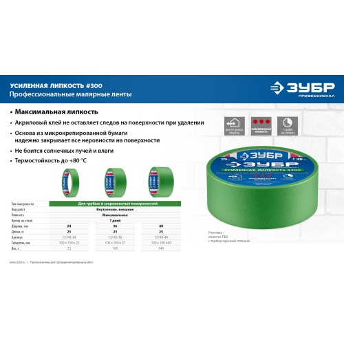 ЗУБР №300 48 мм х 25 м, для грубых и шероховатых поверхностей, малярная лента, Профессионал (12143-48)