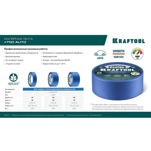 KRAFTOOL #700 Auto 38 мм х 50 м, для авторемонтных работ, малярная лента (12107-38)