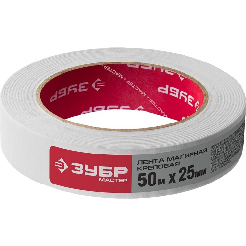 ЗУБР 25 мм х 50 м, креповый, малярный скотч, МАСТЕР (12115-25)