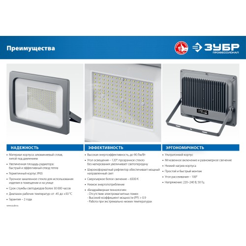 ЗУБР ПСВ-150, 150 Вт, 6500K, IP 65, светодиодный прожектор, Профессионал (57140-150)
