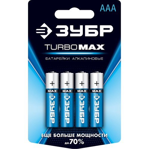ЗУБР TURBO-MAX, ААА х 4, 1.5 В, алкалиновая батарейка (59203-4C)