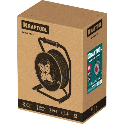 KRAFTOOL КГ 3х2.5 30м 4000Вт IP44, HEAVY DUTYСиловой удлинитель на стальной катушке (55086-30)