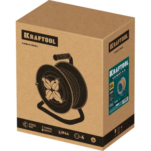 KRAFTOOL ПВС 3х2.5 50м 4000Вт IP44, Силовой удлинитель на стальной катушкеEXPERT (55089-50)