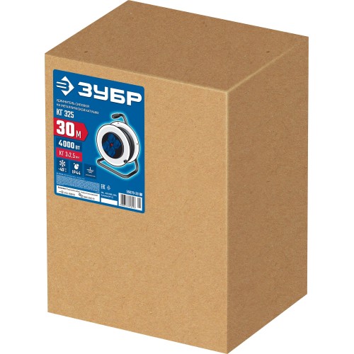 ЗУБР КГ-325, КГ, 3 x 2.5 мм2, 30 м, 4000 Вт, IP44, силовой удлинитель на стальной катушке, Профессионал (55079-30)