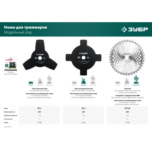 ЗУБР НТ-3, 255 мм, 3T, нож для триммера (71140)
