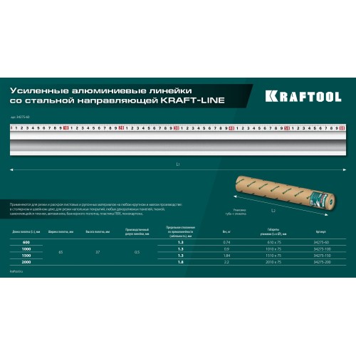 KRAFTOOL KRAFT-LINE, 0.6 м, усиленная алюминиевая линейка со стальной направляющей (34275-60)