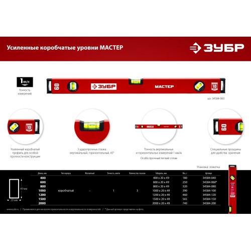 ЗУБР МАСТЕР, 600 мм, уровень с усиленным профилем (34584-060)