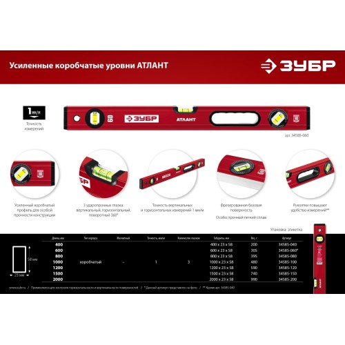 ЗУБР АТЛАНТ, 1200 мм, уровень с усиленным профилем (34585-120)