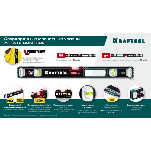 KRAFTOOL A-RATE CONTROL, 1000 мм, точность 0.3 мм/м, с зеркальным глазком, сверхпрочный магнитный уровень (34988-100)